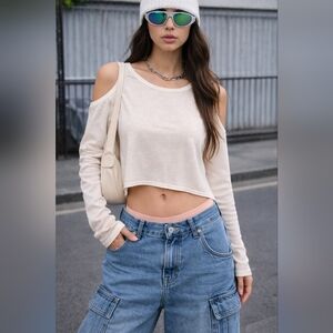 Abercrombie & Fitch Cream Cold-Shoulder Long Sleeve Top